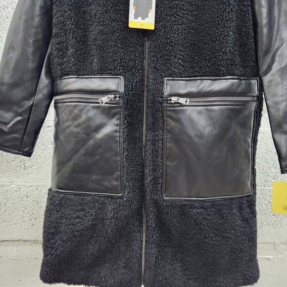 NWT Andrew Marc Women’s Tunis Pleather Trimmed Sherpa Coat Black Size S - Picture 5 of 8